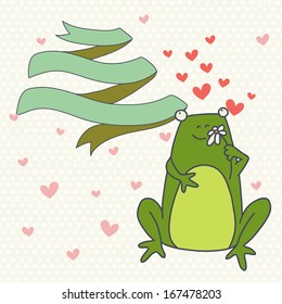 Cute valentine card with hand drawn cartoon frog in love with ribbon banner on polka dot background. 