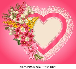 Cute valentine card with heart, bouquet of spring flowers and place for your text
