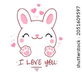 Cute Valentine card in kawaii style. Lovely bunny with pink hearts. Inscription I love you. Can be used for t-shirt print, stickers, greeting card design. Vector illustration EPS8