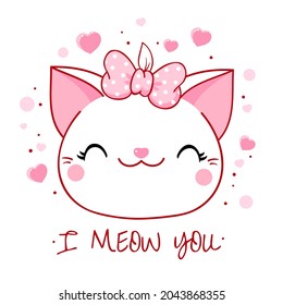 Cute Valentine card in kawaii style. Lovely cat with pink bow and hearts. Inscription I meow you. Can be used for t-shirt print, stickers, greeting card design. Vector illustration EPS8