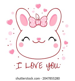 Cute Valentine card in kawaii style. Lovely bunny with pink bow and hearts. Inscription I love you. Can be used for t-shirt print, stickers, greeting card design. Vector illustration EPS8