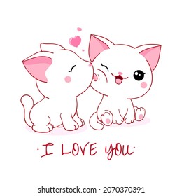 Cute Valentine Card In Kawaii Style. Two Lovely Cats With Big Pink Heart. Inscription I Love You. Can Be Used For T-shirt Print, Stickers, Greeting Card Design. Vector Illustration EPS8