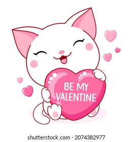 Cute Valentine card in kawaii style. Little white cat with big pink heart. Inscription Be my Valentine. Can be used for t-shirt print, stickers, greeting card design. Vector illustration EPS8