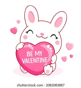 Cute Valentine card in kawaii style. Little white bunny with big pink heart. Inscription Be my Valentine. Can be used for t-shirt print, stickers, greeting card design. Vector illustration EPS8