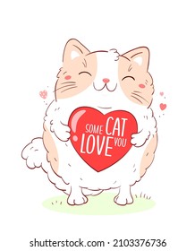 Cute Valentine card in kawaii style. Lovely little cat with pink heart. Inscription Some cat love you. Can be used for t-shirt print, stickers, greeting card design. Vector illustration EPS8