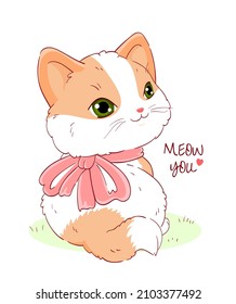 Cute Valentine card in kawaii style. Lovely little cat with pink bow. Inscription Meow you. Can be used for t-shirt print, stickers, greeting card design. Vector illustration EPS8