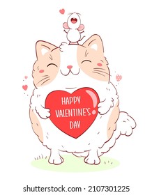 Cute Valentine card in kawaii style. Happy friends - lovely fat cat and white mouse with pink heart. Inscription Happy Valentine's day. Can be used for greeting card design. Vector illustration EPS8