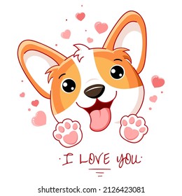 Cute Valentine card in kawaii style. Lovely little corgi puppy with pink hearts. Inscription I love you. Can be used for t-shirt print, stickers, greeting card design. Vector illustration EPS8