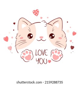 Cute Valentine card in kawaii style. Lovely cat with pink hearts. Inscription Love you. Can be used for t-shirt print, stickers, greeting card design. Vector illustration EPS8