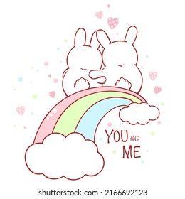 Cute Valentine card in kawaii style. Two lovely rabbits on rainbow. Inscription You and me. Can be used for greeting card, stickers design. Vector illustration EPS8