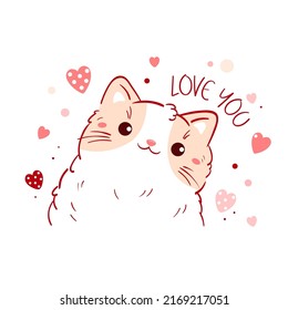 Cute Valentine card in kawaii style. Lovely cat with pink hearts. Inscription Love you. Can be used for t-shirt print, stickers, greeting card design. Vector illustration EPS8