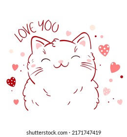 Cute Valentine card in kawaii style. Lovely cat with pink hearts. Inscription Love you. Can be used for t-shirt print, stickers, greeting card design. Vector illustration EPS8