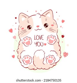 Cute Valentine card in kawaii style. Lovely cat with pink hearts. Inscription Love you. Can be used for t-shirt print, stickers, greeting card design. Vector illustration EPS8