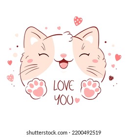 Cute Valentine card in kawaii style. Lovely cat with pink hearts. Inscription Love you. Can be used for t-shirt print, stickers, greeting card design. Vector illustration EPS8