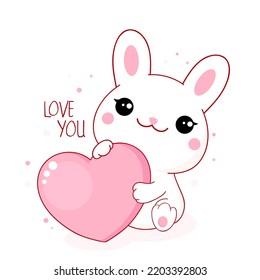 Cute Valentine card in kawaii style. Little white bunny with big pink heart. Inscription Love you. Can be used for t-shirt print, stickers, greeting card design. Vector illustration EPS8