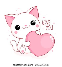 Cute Valentine Karte im kawaii Stil. Kleine weiße Katze mit großem rosa Herz. Inschriftenliebe dich. Kann für T-Shirt-Druck, Aufkleber, Grußkartendesign verwendet werden. Vektorgrafik EPS8