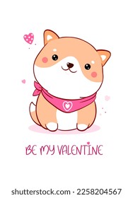 Cuta tarjeta de San Valentín al estilo kawaii. Agradable cachorro shiba u con corazones rosados. Inscripción Sé mi San Valentín. Se puede usar para imprimir camisetas, pegatinas, diseño de tarjetas de felicitación. EPS de ilustración de vector