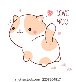 Cute Valentine card in kawaii style. Lovely fat cat with pink hearts. Inscription Love you. Can be used for t-shirt print, stickers, greeting card design. Vector illustration EPS8