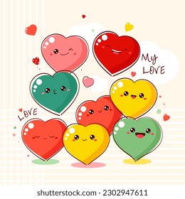 Cute Valentine card in kawaii style. Many cute funny hearts with emoji faces. Inscription My Love. Can be used for t-shirt print, stickers, greeting card design. Vector illustration EPS8
