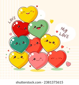 Cute Valentine card in kawaii style. Many cute funny hearts with emoji faces. Inscription My Love. Can be used for t-shirt print, stickers, greeting card design. Vector illustration EPS8