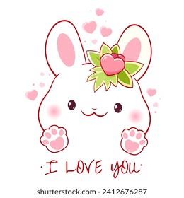 Cute Valentine card in kawaii style. Lovely little bunny with pink heart. Inscription I love you. Can be used for t-shirt print, stickers, greeting card design. Vector illustration EPS8