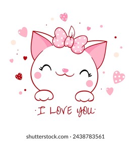 Cute Valentine card in kawaii style. Lovely little cat with pink bow and hearts. Inscription I love you. Can be used for t-shirt print, stickers, greeting card design. Vector illustration EPS8