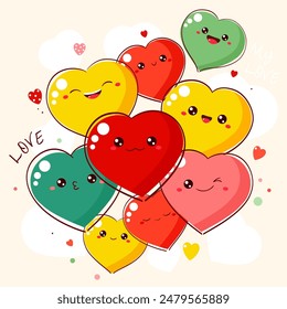 Bonita tarjeta de San Valentín en estilo kawaii. Muchos corazones divertidos lindos con caras de emoji. Inscripción Mi Amor. Se puede utilizar para la impresión de la camiseta, pegatinas, diseño de la tarjeta de felicitación. Ilustración vectorial EPS8