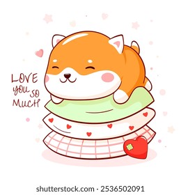 Nette Valentinerkarte im Kawaii-Stil mit Shiba Inu Welpen. Kleiner Hund auf einem Haufen Kissen. Inschrift Liebe dich so sehr. Kann für T-Shirt-Druck, Aufkleber, Grußkartendesign verwendet werden. Vektor-EPS8