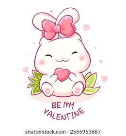 Cute Valentine card in kawaii style. Lovely little bunny with pink heart. Inscription Be my Valentine. Can be used for t-shirt print, stickers, greeting card design. Vector illustration EPS8