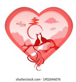 Cute valentine card with a pair of fever birds in red isolated on white background. Bright card with birds in love for Valentine's Day. Vector illustration