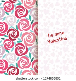 Cute Valentine card with roses and hearts. Template greeting card, invitation and advertising banner, brochure.  