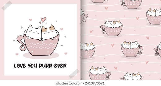 Cute Valentine Card and Seamless Pattern set with Kawaii Cute Cats. Hand drawn cute Cat in a cup,  doodle style characters Animals background. Vector Illustration