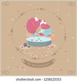 Cute Valentine card. Two hearts in love do spa treatments. Vector illustration.