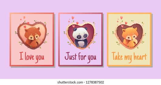 Cute valentine cards with funny animals. Vector illustration of red panda, fox, panda cartoon style. Hand drawn characters with heart. Set cards for poster, template, cards, peint, shirt, invitation.