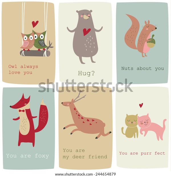 Cute Valentine Cards Funny Animals Vector Stock Vector (Royalty Free