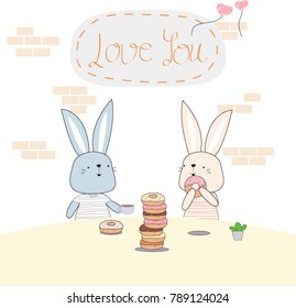 Cute valentine cartoon rabbit bunny,boy and girl in coffee shop character,warm and satisfied,happy pattern by hand draw doodle comic style,animal set vector design
