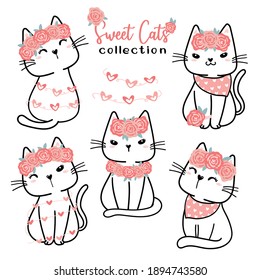 Cute Valentine cat Collection, Cartoon doodle flat vector clipart for valentine love day, Sweet white cat with pink rose flower 