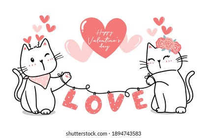 Cute Valentine cat couple with heart love, Happy Valentine's day, cute cat cartoon outline pink heart vector for banner, printable stuff, greeting card