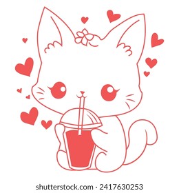 cute valentine cat drinking boba tea