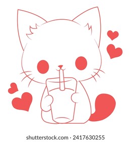 cute valentine cat drinking boba tea