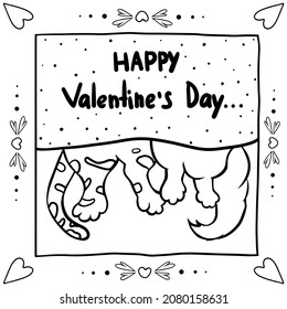Cute valentine. A cat in love. For you. For greeting cards, flyers, brochures, invitations, stickers, banners, posters, posters. Black and white vector illustration isolated on white background. 