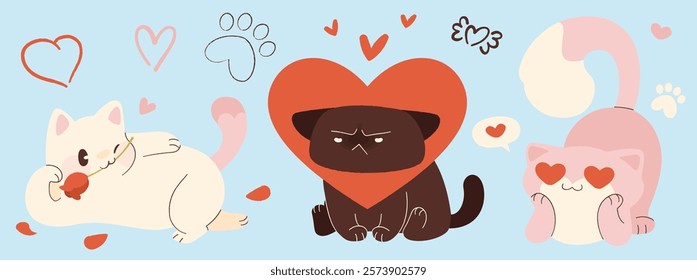 Cute Valentine cats with different emotions set. White romantic playful kitten lying with rose flower in mouth, dark grumpy pet with red heart shaped collar, pink feline with love struck expression.