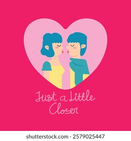 cute valentine couple boy and girl kissing almost a little closer with pink heart background