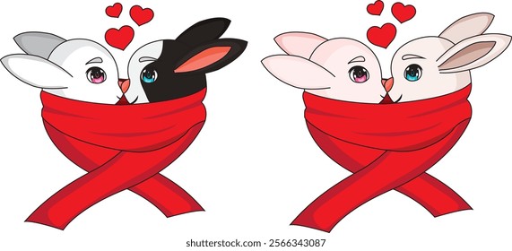 Cute Valentine Couple Rabbit In Red Scarf Vector