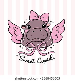 Cute Valentine Cupid Baby Pygmy Hippo Retro Hand Drawn Cartoon Character 