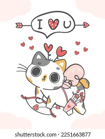 Cute Valentine cupid cat, kawaii animal cartoon doodle hand drawing illustration, A joyful and romantic holiday, perfect for greeting cards, gifts.
