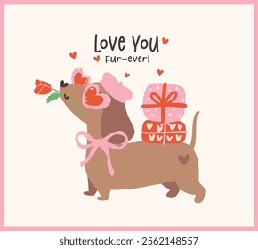 Cute Valentine Dachshund Dog delivery love Retro Cartoon Illustration for Greeting Cards 