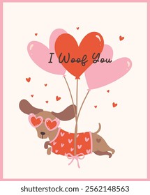 Cute Valentine Dachshund Dog floating by Heart Balloons I woof you Retro Cartoon Illustration for Greeting Cards 