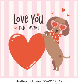 Cute Valentine Dachshund Dog with Heart Greeting Card Retro Cartoon Illustration Printable