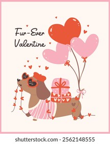 Cute Valentine Dachshund Dog with Heart Balloons Retro Cartoon Illustration for Cards 